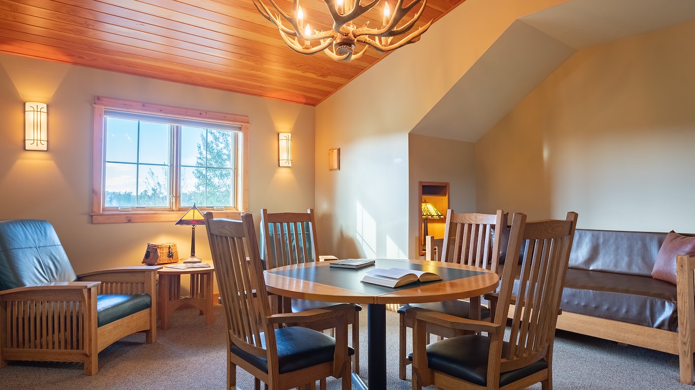Cozy living room with wooden furniture.