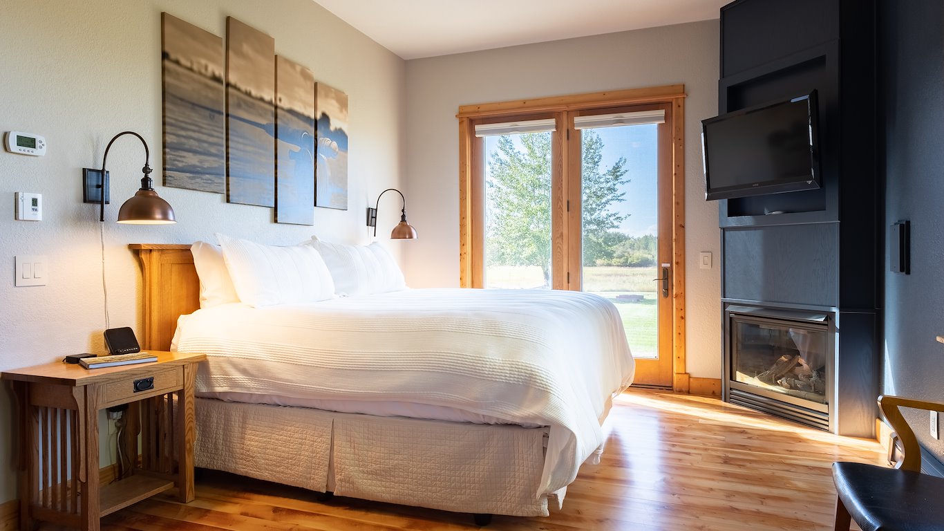 Cozy bedroom with large bed and fireplace