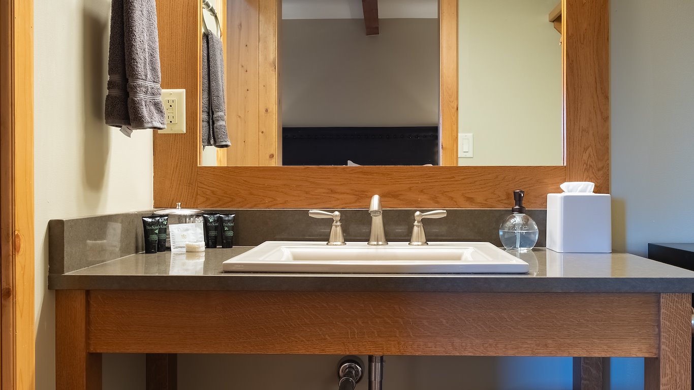 Modern bathroom sink with mirror and toiletries