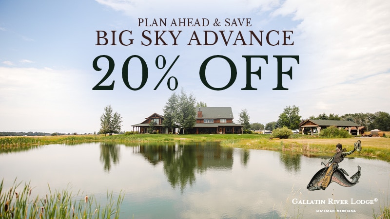 Gallatin River Lodge discount, mountain lodge, serene landscape.