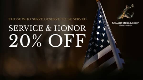 Gallatin River Lodge 20% off service discount banner.