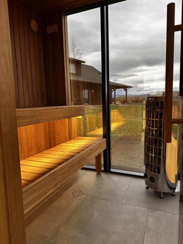 Modern sauna interior with view outside on cloudy day.