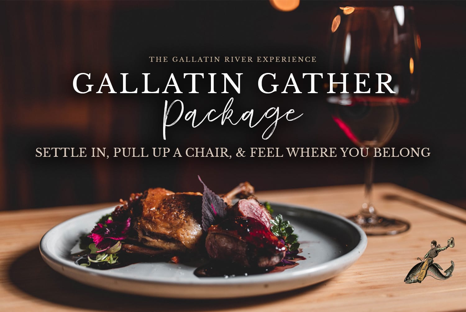 Gourmet dinner plate and wine promoting Gallatin Gather package
