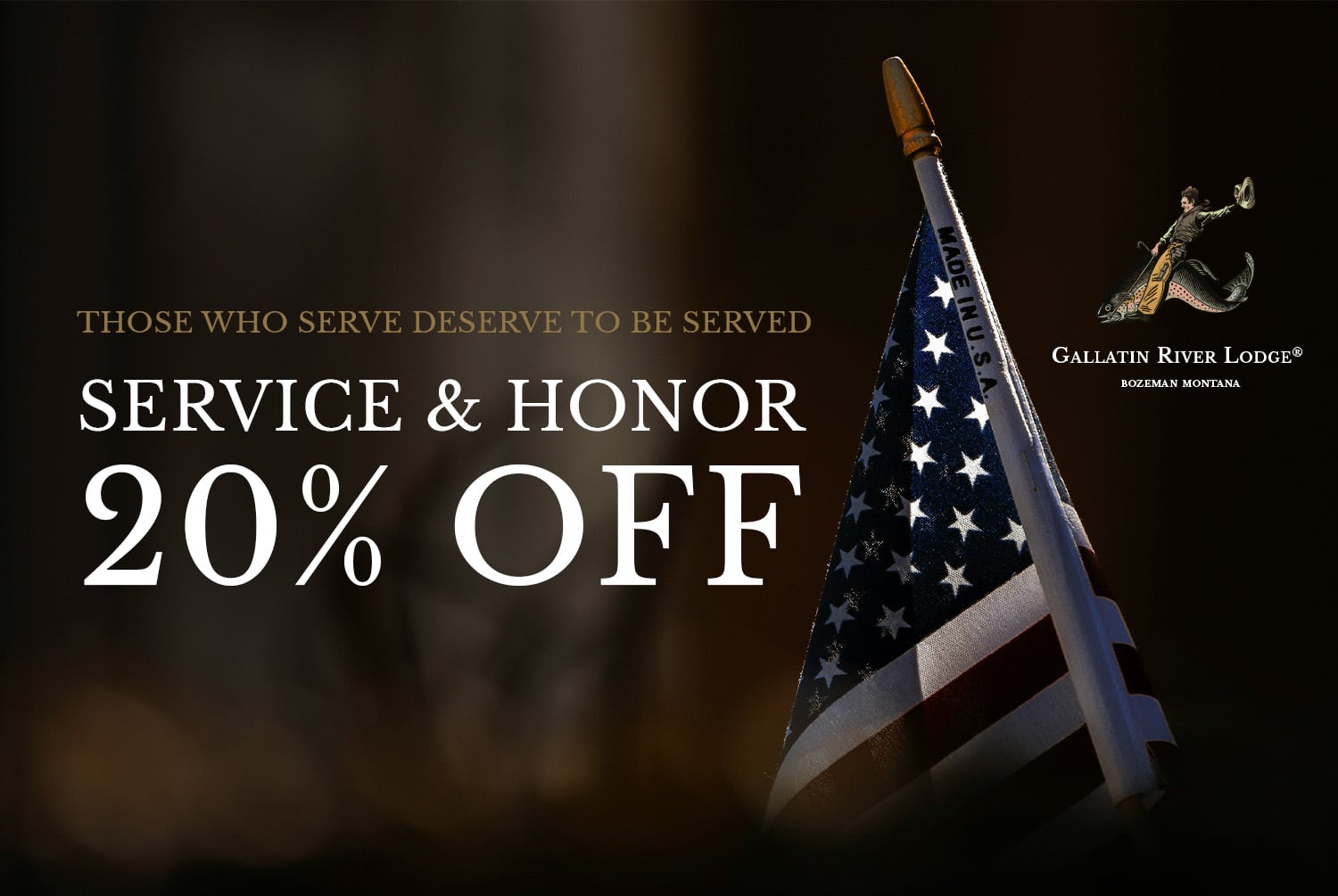 American flag beside Service & Honor 20% off promotion