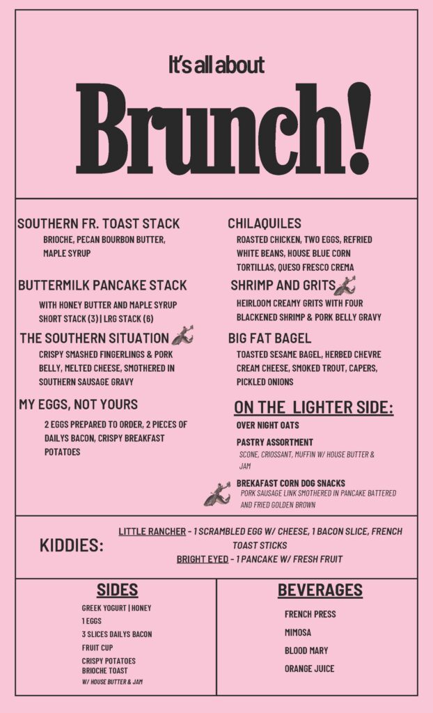 Brunch menu with various dishes and drinks.