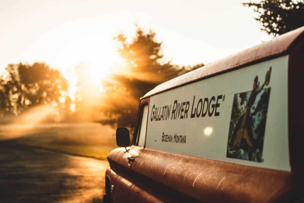 Gallatin River Lodge van at sunrise