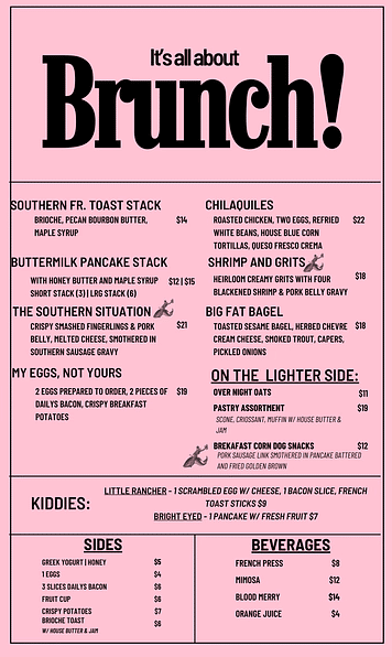 Brunch menu with various dishes and drinks.