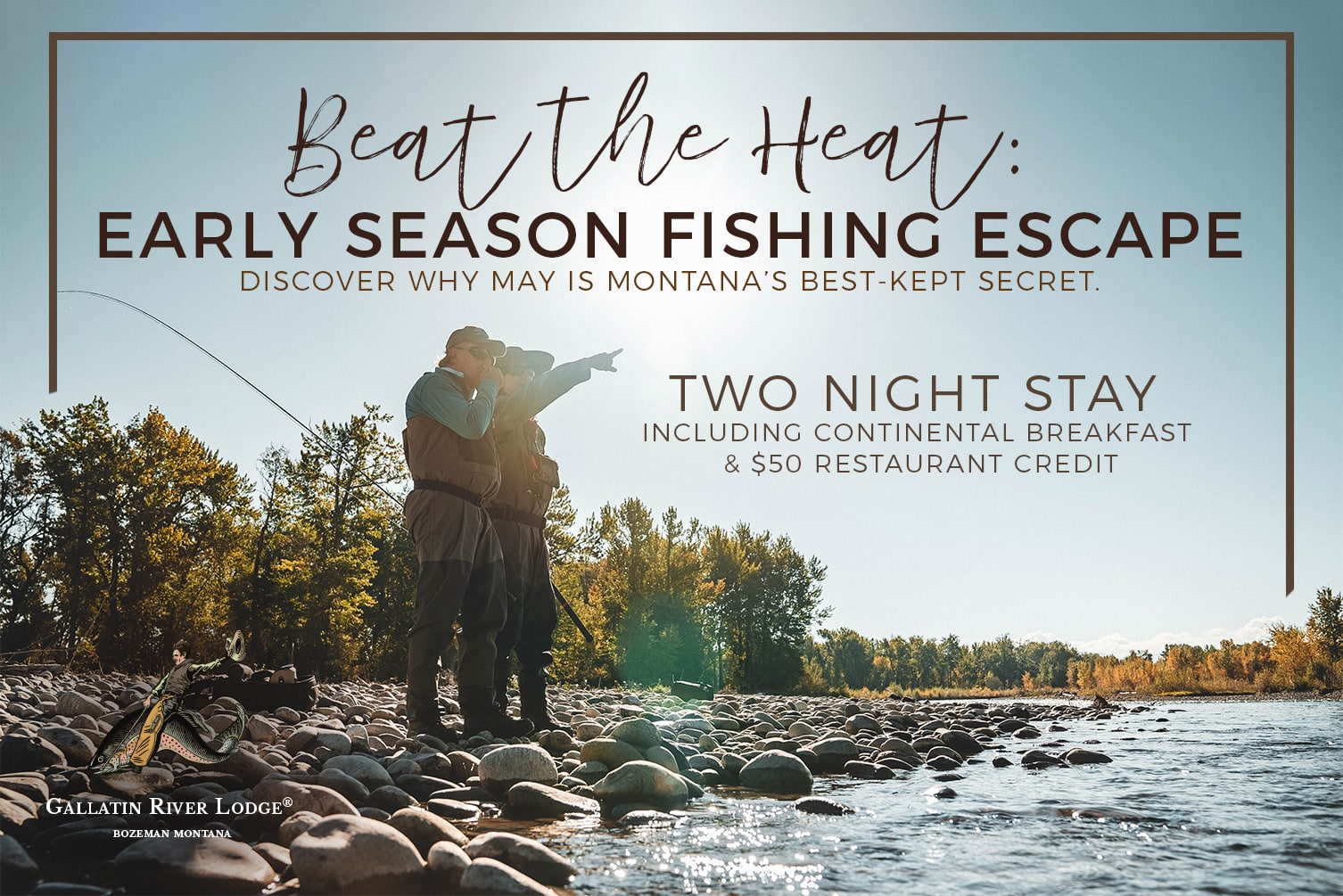 Fishing getaway promotion with river and trees