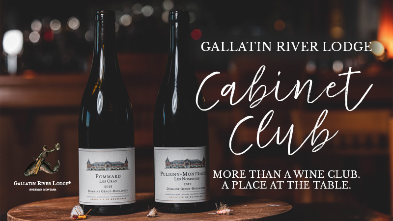 Two wine bottles promote Gallatin River Lodge Cabinet Club